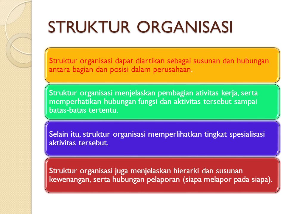 STRUKTUR ORGANISASI Struktur organisasi dapat diartikan sebagai susunan dan hubungan antara bagian dan posisi dalam perusahaan.