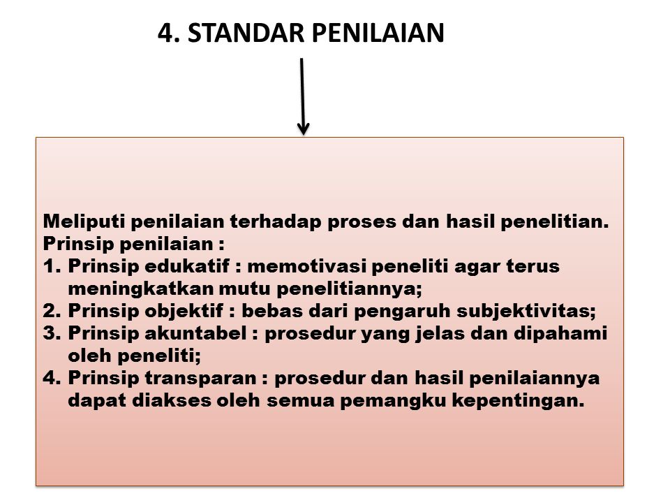 4. STANDAR PENILAIAN Meliputi penilaian terhadap proses dan hasil penelitian. Prinsip penilaian :