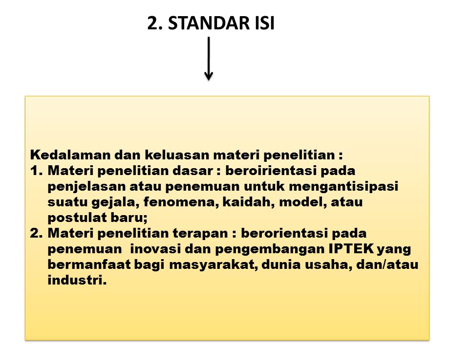 2. STANDAR ISI Kedalaman dan keluasan materi penelitian :