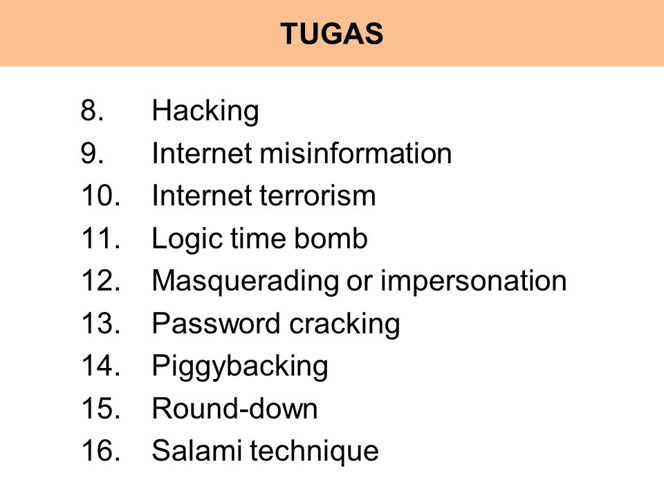 TUGAS Hacking. Internet misinformation. Internet terrorism. Logic time bomb. Masquerading or impersonation.