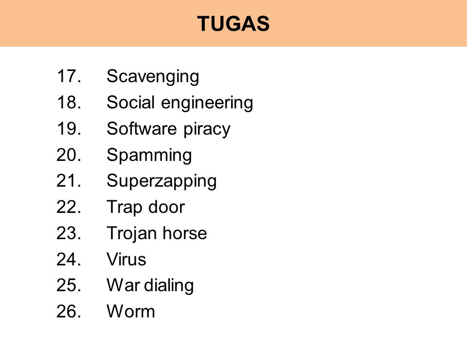 TUGAS Scavenging Social engineering Software piracy Spamming