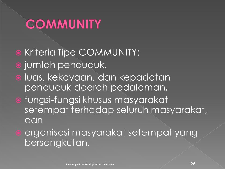 COMMUNITY Kriteria Tipe COMMUNITY: jumlah penduduk,