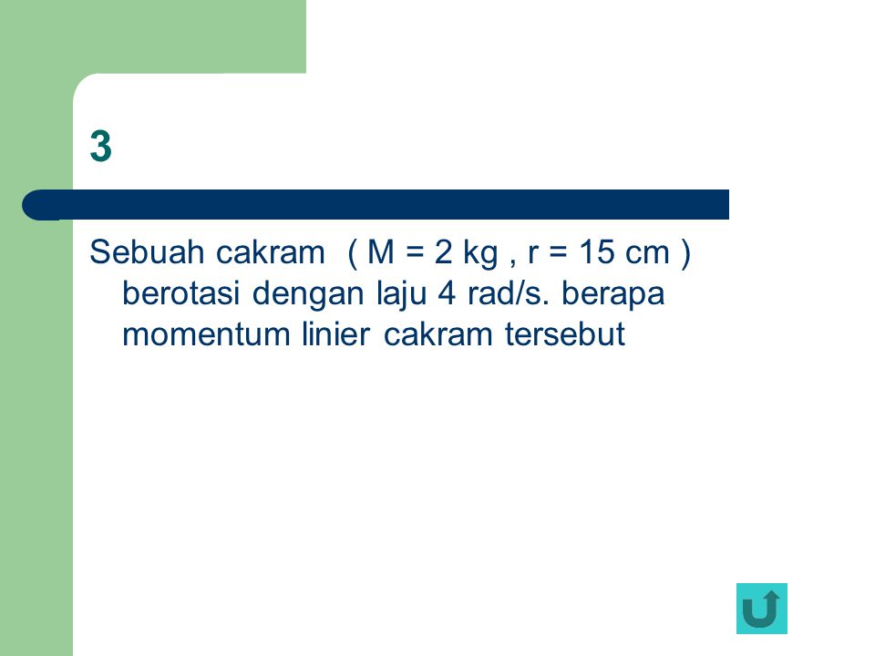 3 Sebuah cakram ( M = 2 kg , r = 15 cm ) berotasi dengan laju 4 rad/s.