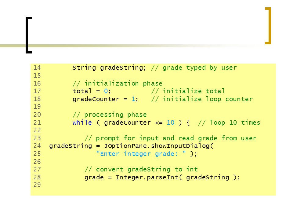 14 String gradeString; // grade typed by user