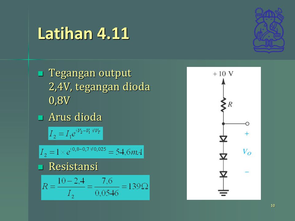 Latihan 4.11 Tegangan output 2,4V, tegangan dioda 0,8V Arus dioda