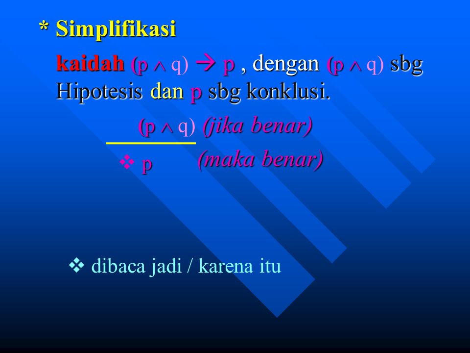 kaidah (p  q)  p , dengan (p  q) sbg Hipotesis dan p sbg konklusi.