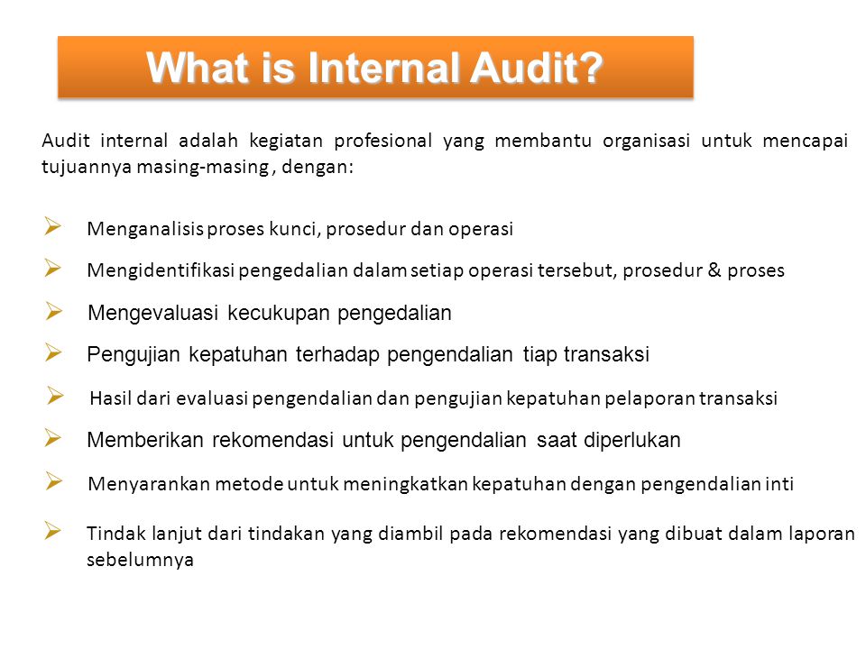 What is Internal Audit Audit internal adalah kegiatan profesional yang membantu organisasi untuk mencapai tujuannya masing-masing , dengan: