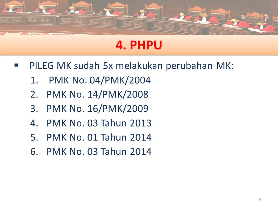 4. PHPU PILEG MK sudah 5x melakukan perubahan MK: PMK No. 04/PMK/2004