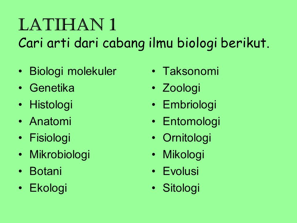 Latihan 1 Cari arti dari cabang ilmu biologi berikut.