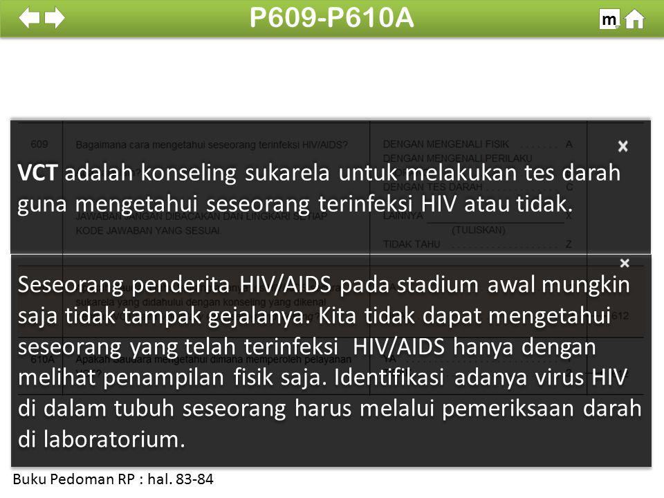 P609-P610A m. SDKI % VCT adalah konseling sukarela untuk melakukan tes darah guna mengetahui seseorang terinfeksi HIV atau tidak.