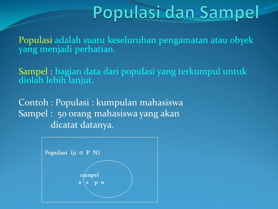 Populasi dan Sampel Populasi adalah suatu keseluruhan pengamatan atau obyek yang menjadi perhatian.