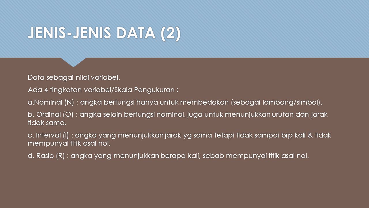 JENIS-JENIS DATA (2) Data sebagai nilai variabel.