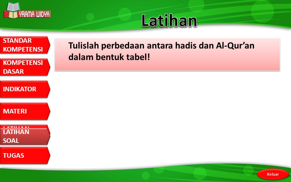 Latihan Tulislah perbedaan antara hadis dan Al-Qur’an dalam bentuk tabel! LATIHAN SOAL