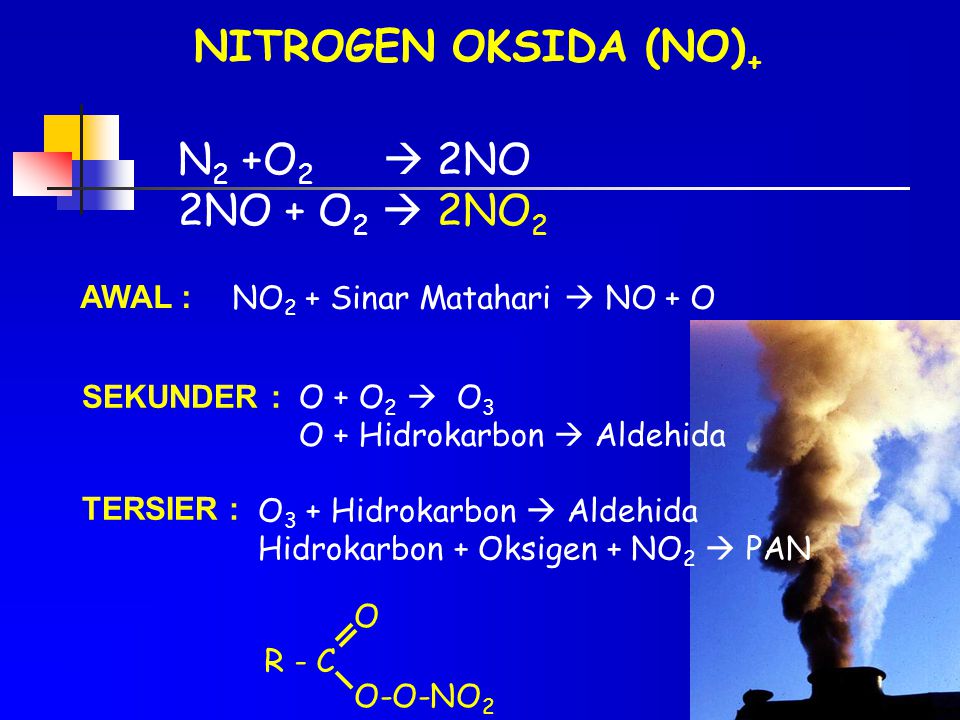 NITROGEN OKSIDA (NO)+ N2 +O2  2NO 2NO + O2  2NO2 AWAL :