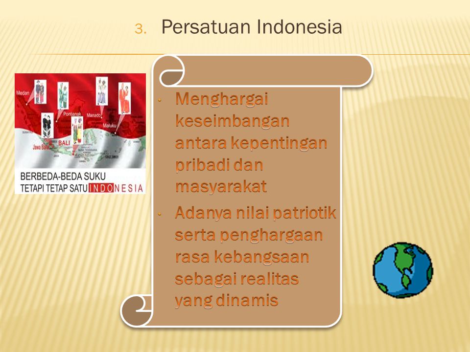 Persatuan Indonesia Menghargai keseimbangan antara kepentingan pribadi dan masyarakat.