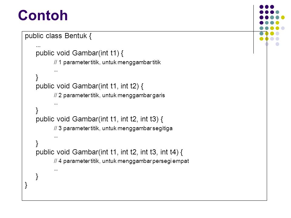 Contoh public class Bentuk { … public void Gambar(int t1) {