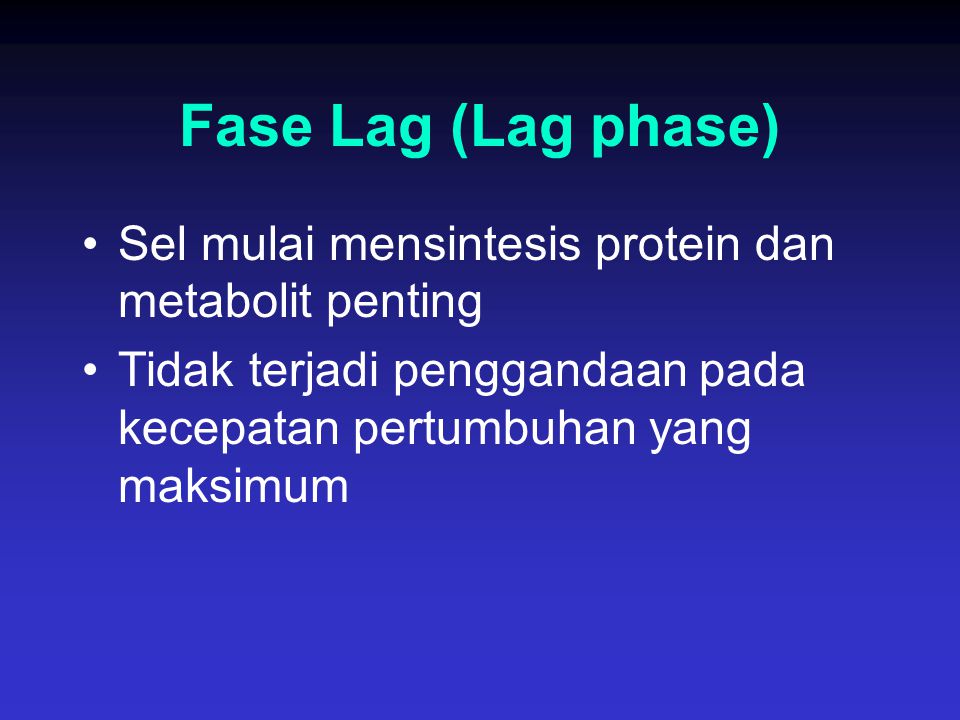 Fase Lag (Lag phase) Sel mulai mensintesis protein dan metabolit penting.