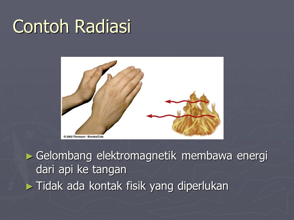 Contoh Radiasi Gelombang elektromagnetik membawa energi dari api ke tangan.