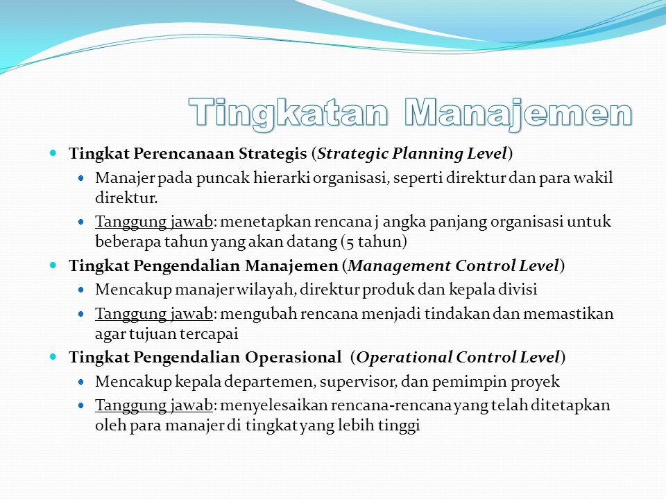 Tingkatan Manajemen Tingkat Perencanaan Strategis (Strategic Planning Level)