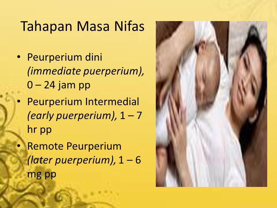 Tahapan Masa Nifas Peurperium dini (immediate puerperium), 0 – 24 jam pp. Peurperium Intermedial (early puerperium), 1 – 7 hr pp.