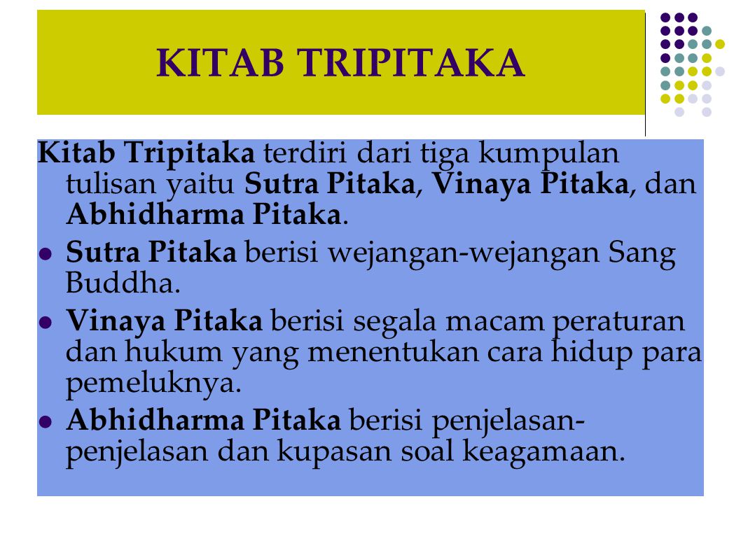 KITAB TRIPITAKA Kitab Tripitaka terdiri dari tiga kumpulan tulisan yaitu Sutra Pitaka, Vinaya Pitaka, dan Abhidharma Pitaka.