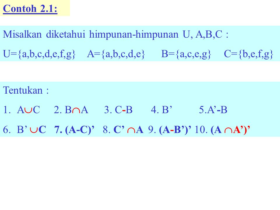 Contoh 2.1: Misalkan diketahui himpunan-himpunan U, A,B,C : U={a,b,c,d,e,f,g} A={a,b,c,d,e} B={a,c,e,g} C={b,e,f,g}
