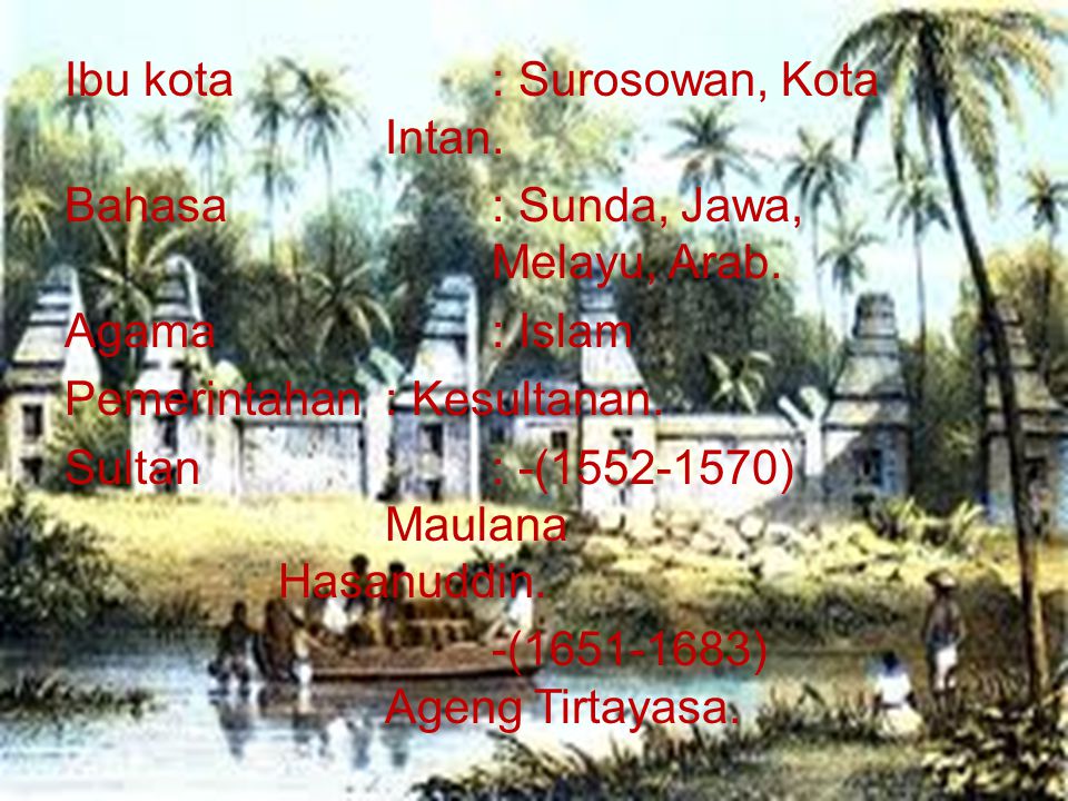 Ibu kota : Surosowan, Kota Intan. Bahasa : Sunda, Jawa, Melayu, Arab