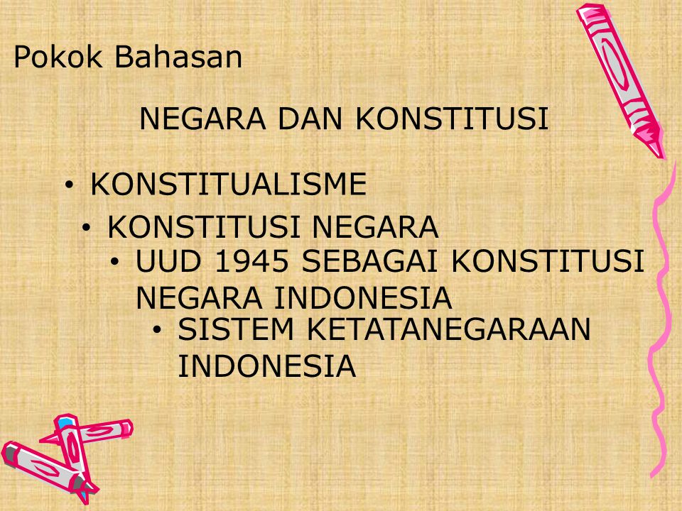 Pokok Bahasan NEGARA DAN KONSTITUSI. KONSTITUALISME. KONSTITUSI NEGARA. UUD 1945 SEBAGAI KONSTITUSI NEGARA INDONESIA.