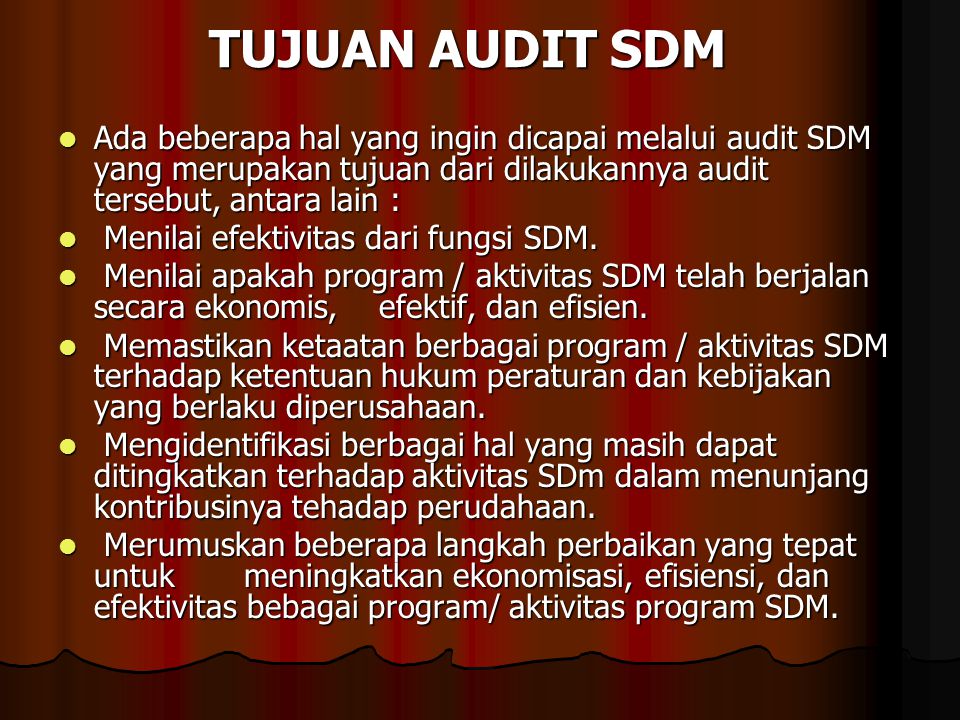 TUJUAN AUDIT SDM Ada beberapa hal yang ingin dicapai melalui audit SDM yang merupakan tujuan dari dilakukannya audit tersebut, antara lain :
