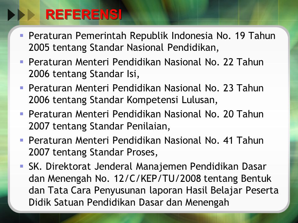 REFERENSI Peraturan Pemerintah Republik Indonesia No. 19 Tahun 2005 tentang Standar Nasional Pendidikan,
