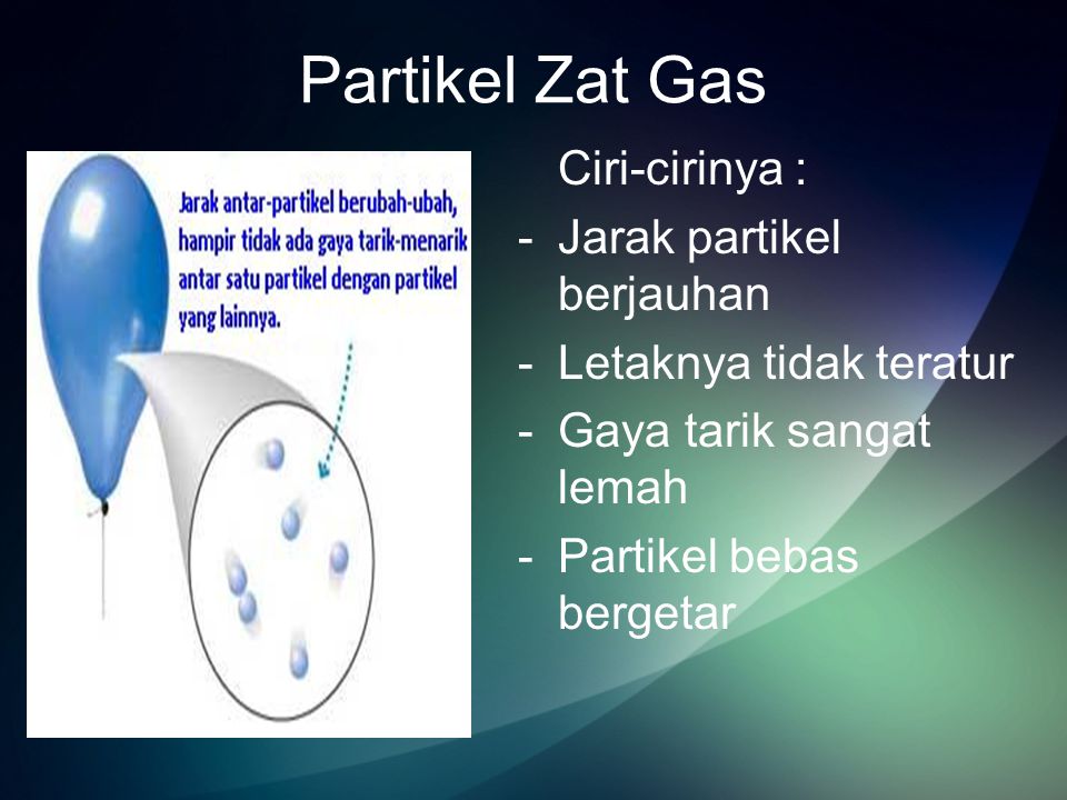Partikel Zat Gas Ciri-cirinya : Jarak partikel berjauhan