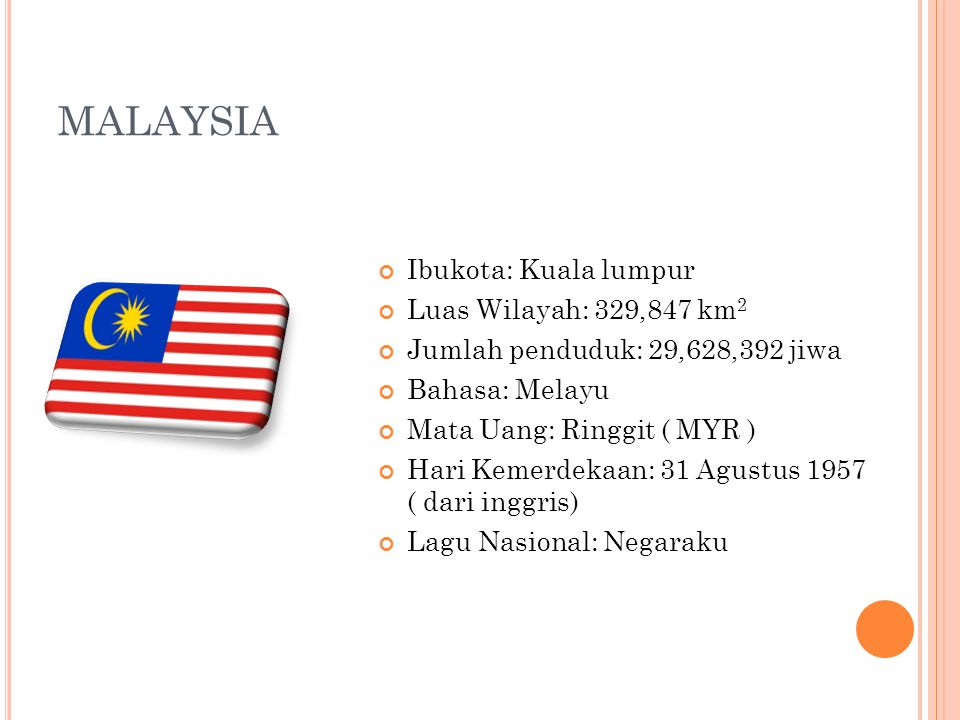 MALAYSIA Ibukota: Kuala lumpur Luas Wilayah: 329,847 km2