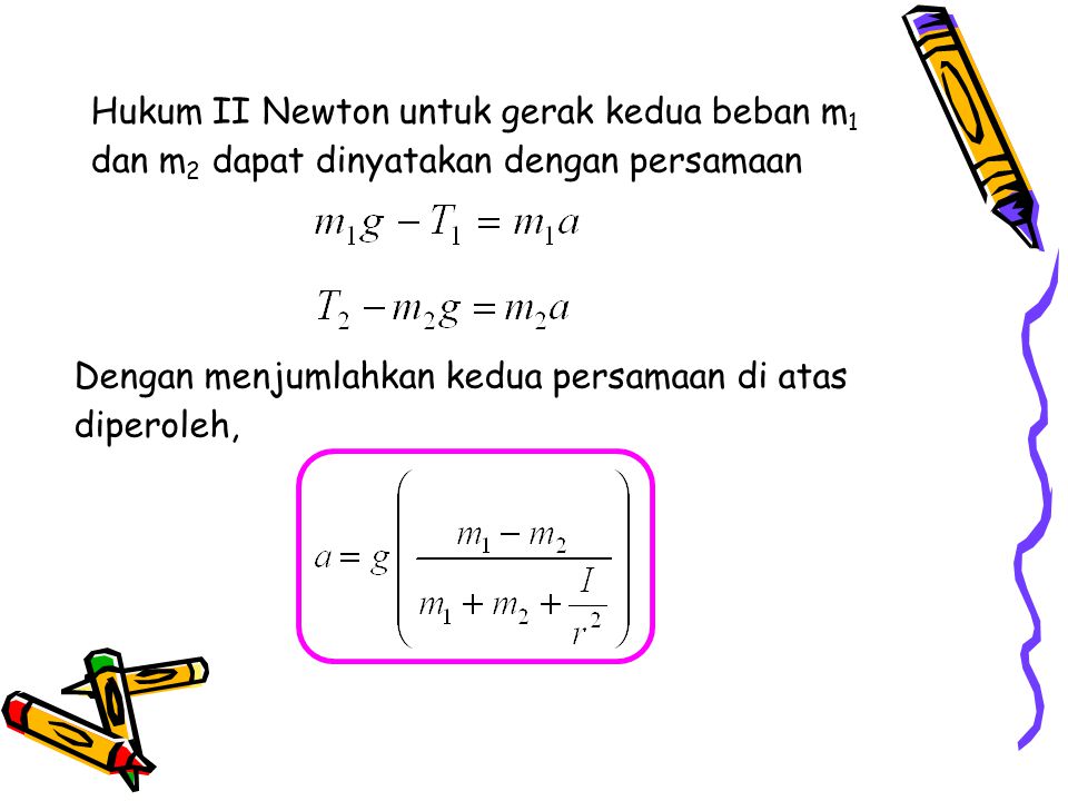 Hukum II Newton untuk gerak kedua beban m1 dan m2 dapat dinyatakan dengan persamaan