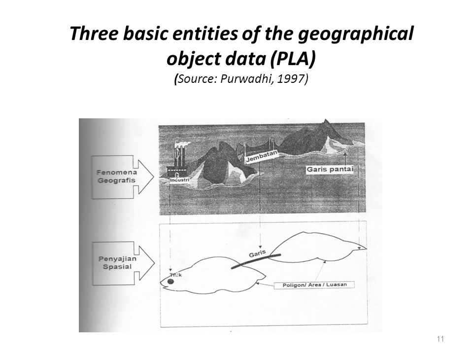 Three basic entities of the geographical object data (PLA) (Source: Purwadhi, 1997)