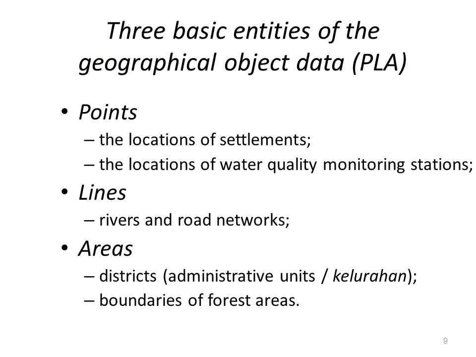 Three basic entities of the geographical object data (PLA)