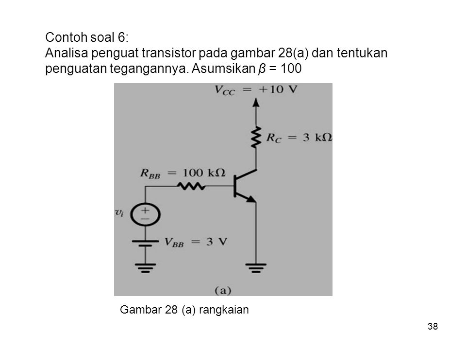 Contoh soal 6: Analisa penguat transistor pada gambar 28(a) dan tentukan penguatan tegangannya. Asumsikan β = 100.