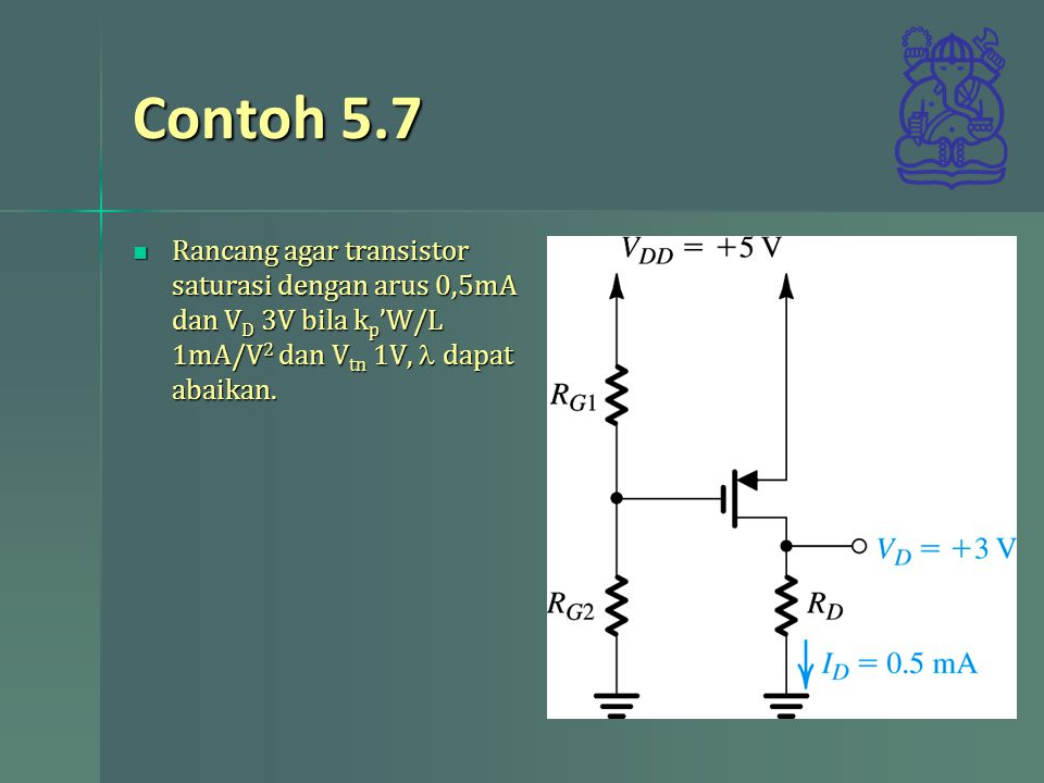 Contoh 5.7 Rancang agar transistor saturasi dengan arus 0,5mA dan VD 3V bila kp’W/L 1mA/V2 dan Vtn 1V, l dapat abaikan.