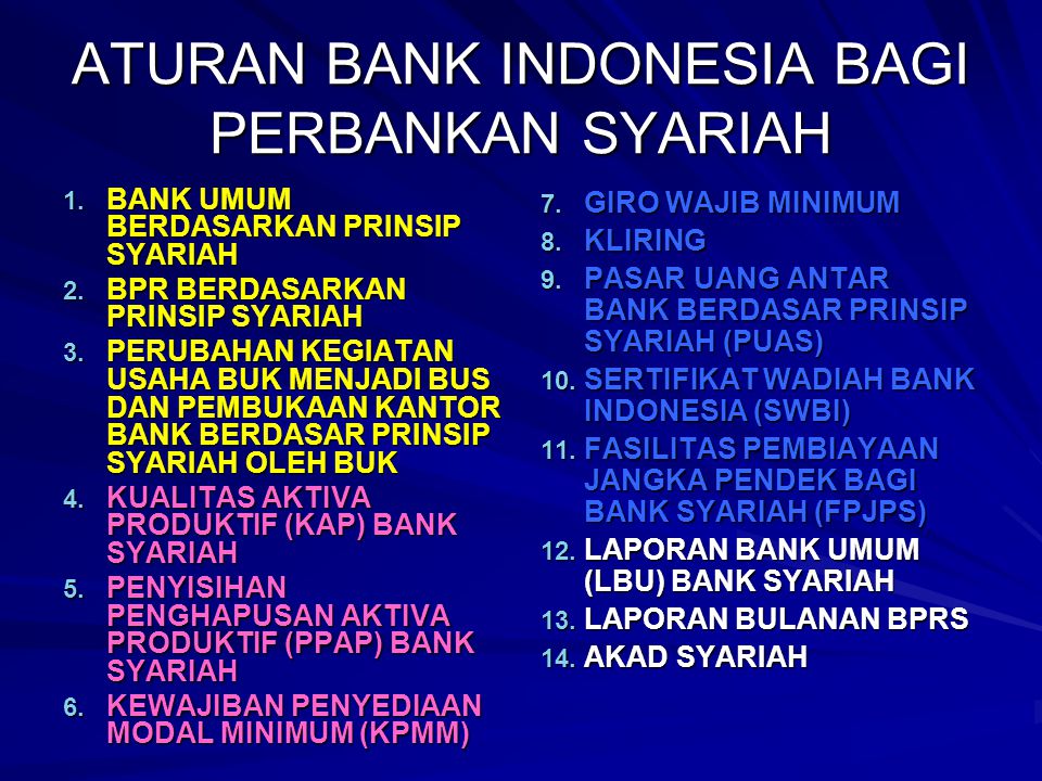 ATURAN BANK INDONESIA BAGI PERBANKAN SYARIAH