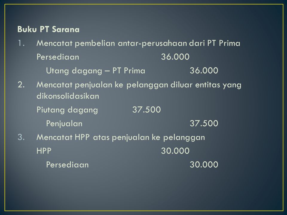 Buku PT Sarana Mencatat pembelian antar-perusahaan dari PT Prima. Persediaan Utang dagang – PT Prima