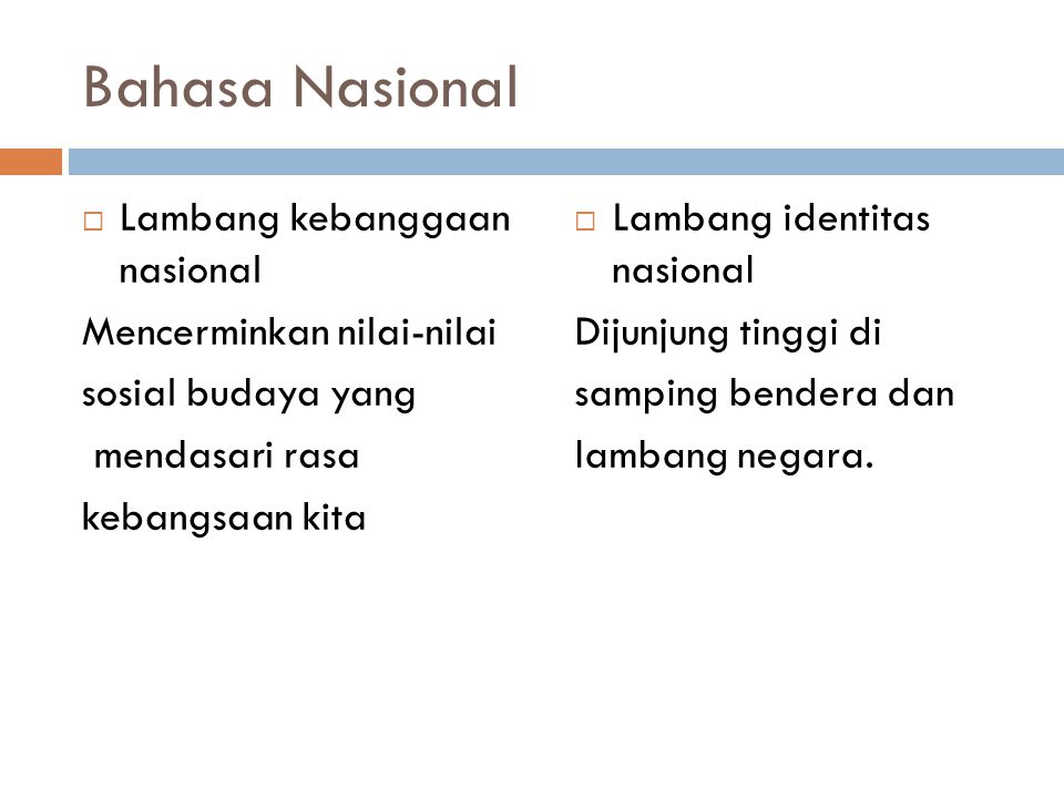Bahasa Nasional Lambang kebanggaan nasional Mencerminkan nilai-nilai
