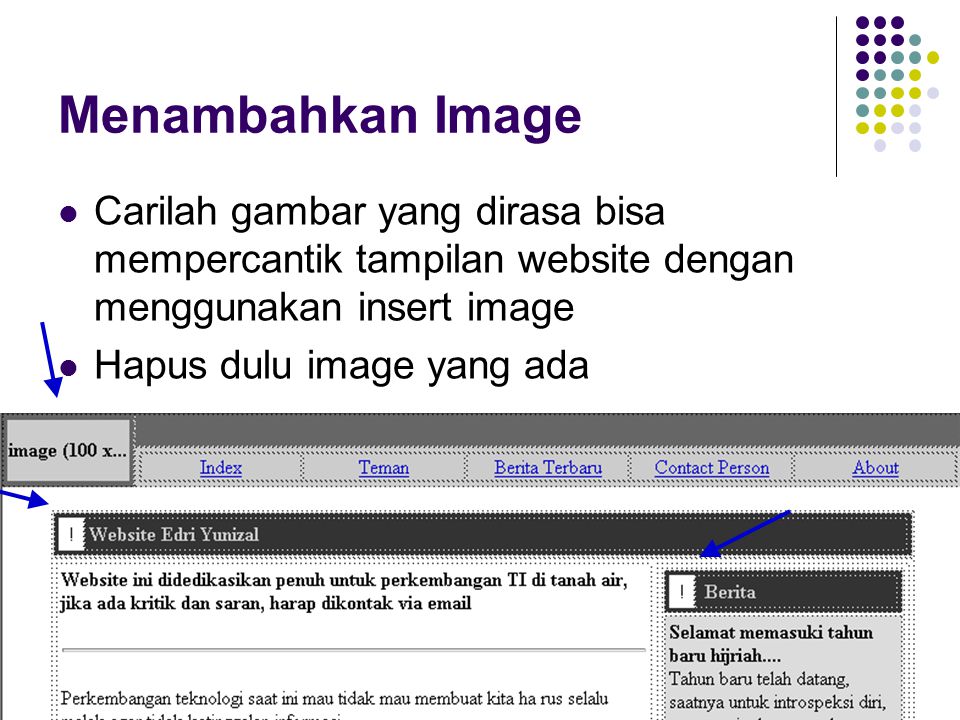 Menambahkan Image Carilah gambar yang dirasa bisa mempercantik tampilan website dengan menggunakan insert image.