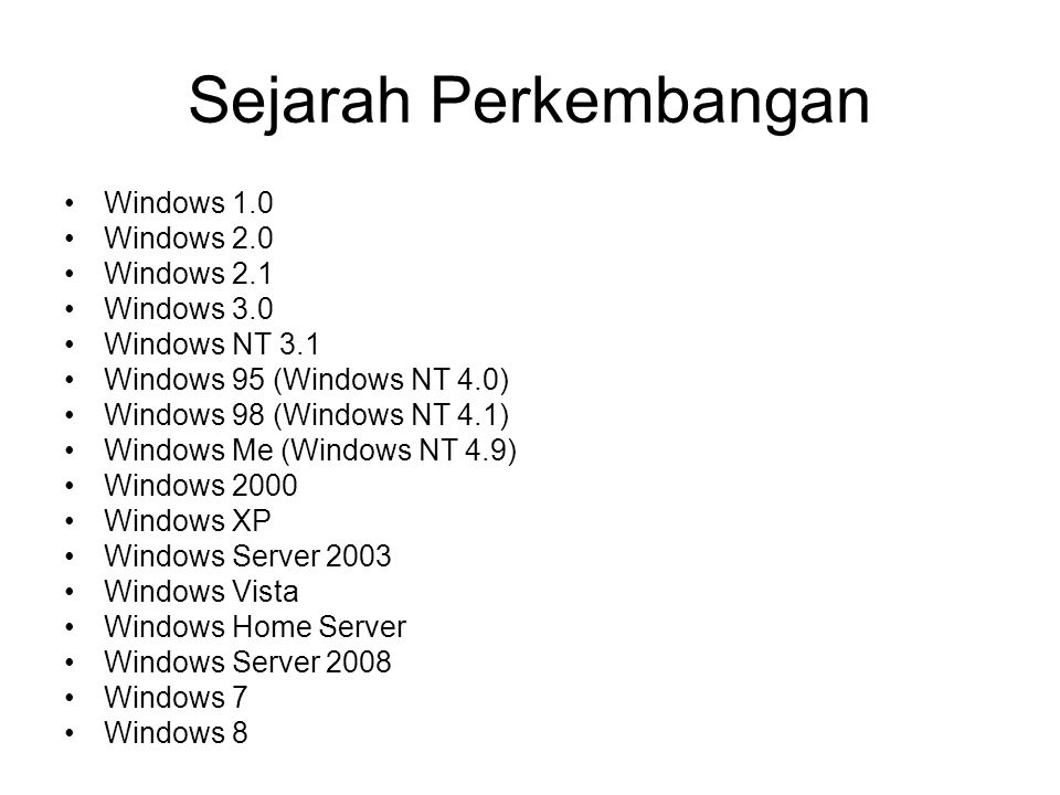 Sejarah Perkembangan Windows 1.0 Windows 2.0 Windows 2.1 Windows 3.0