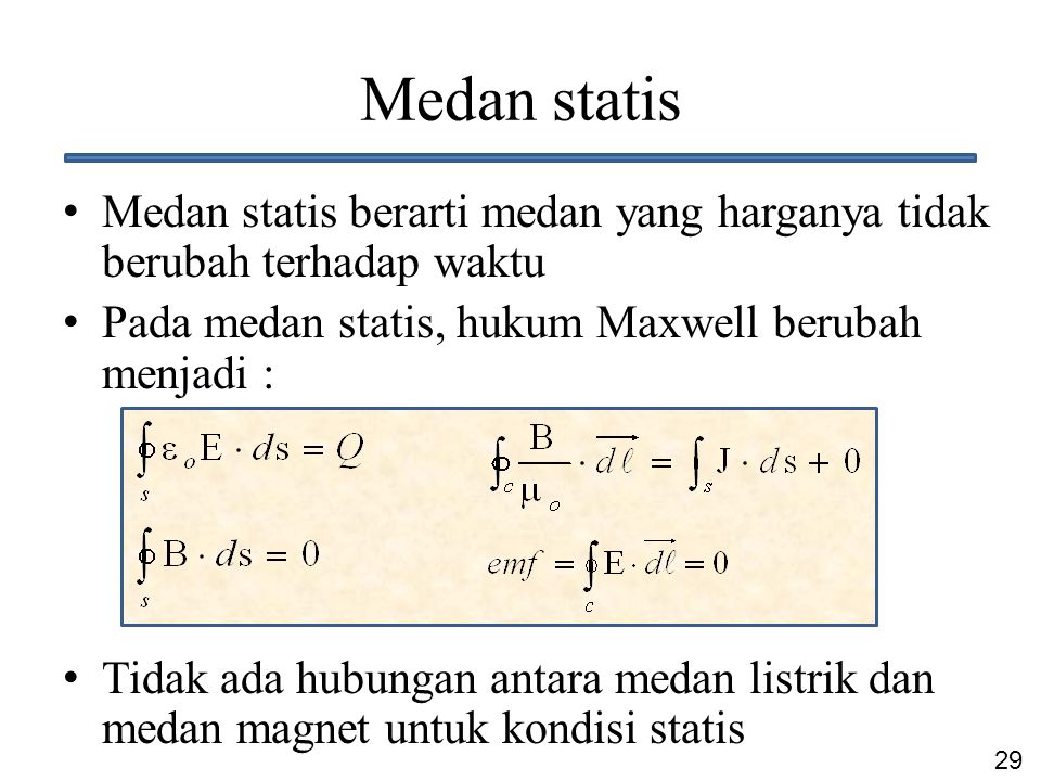 Medan statis Medan statis berarti medan yang harganya tidak berubah terhadap waktu. Pada medan statis, hukum Maxwell berubah menjadi :
