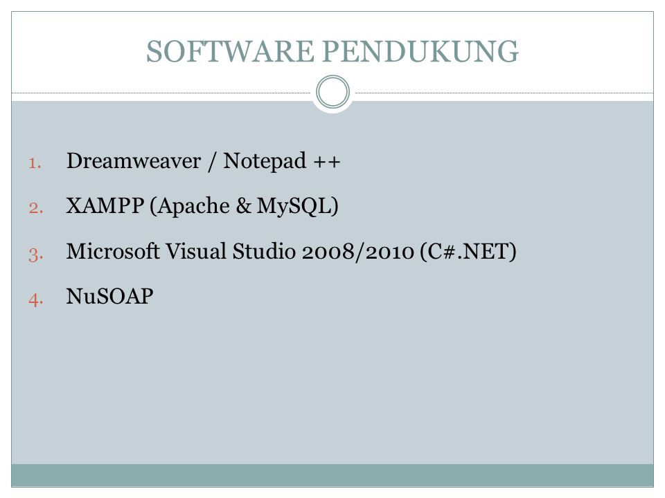 SOFTWARE PENDUKUNG Dreamweaver / Notepad ++ XAMPP (Apache & MySQL)