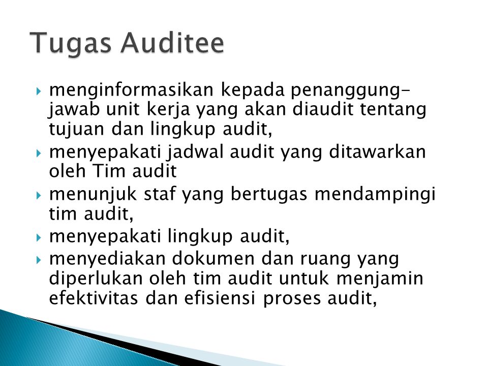 Tugas Auditee menginformasikan kepada penanggung- jawab unit kerja yang akan diaudit tentang tujuan dan lingkup audit,
