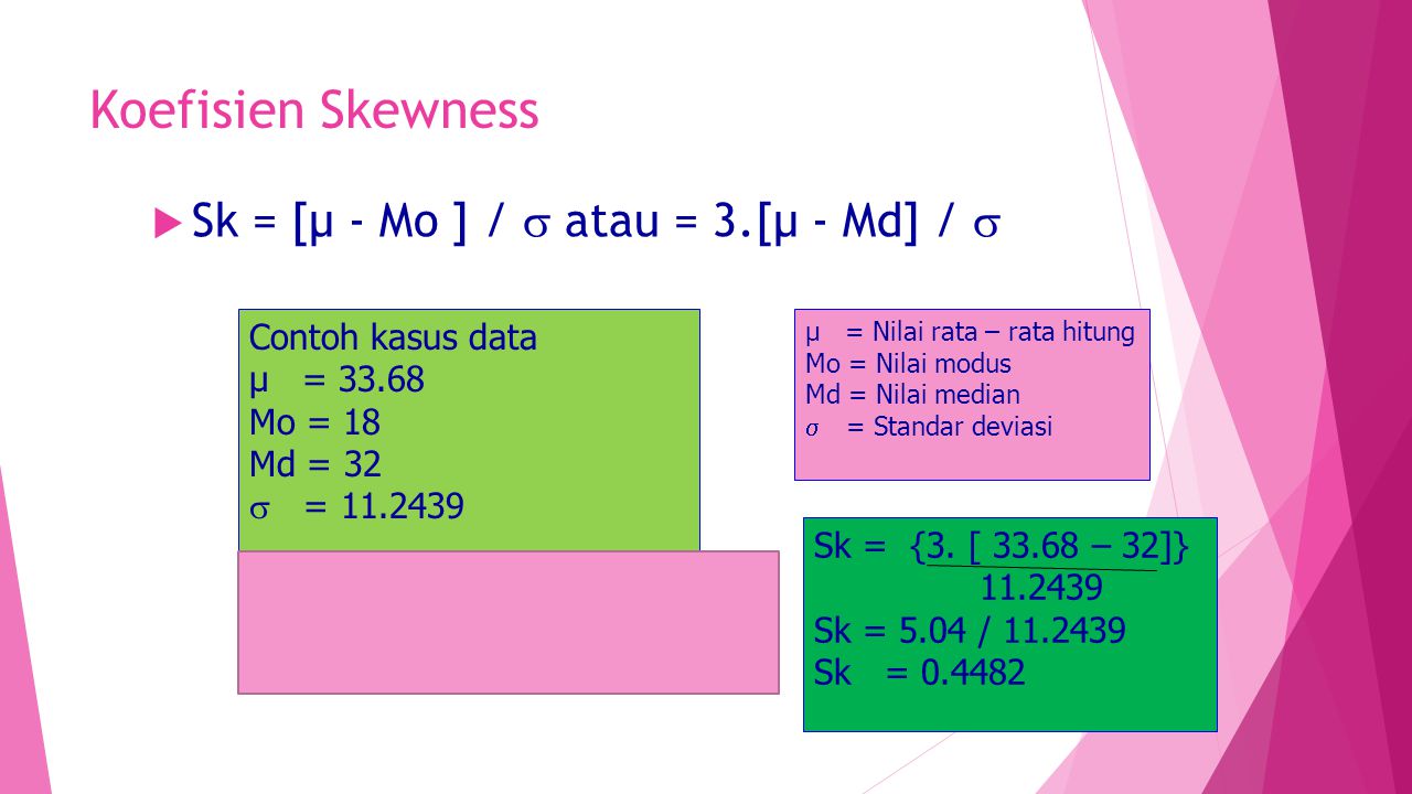 Koefisien Skewness Sk = [µ - Mo ] /  atau = 3.[µ - Md] / 
