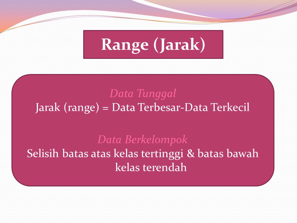 Range (Jarak) Data Tunggal Jarak (range) = Data Terbesar-Data Terkecil