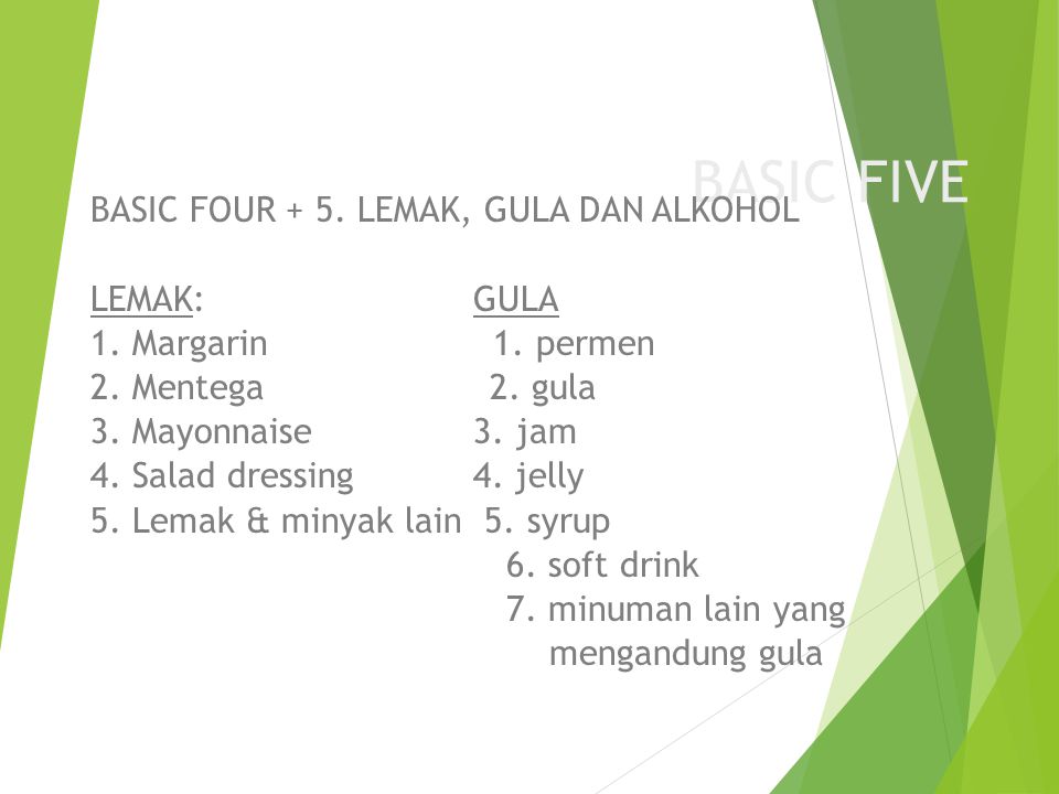 BASIC FIVE BASIC FOUR + 5. LEMAK, GULA DAN ALKOHOL LEMAK: GULA