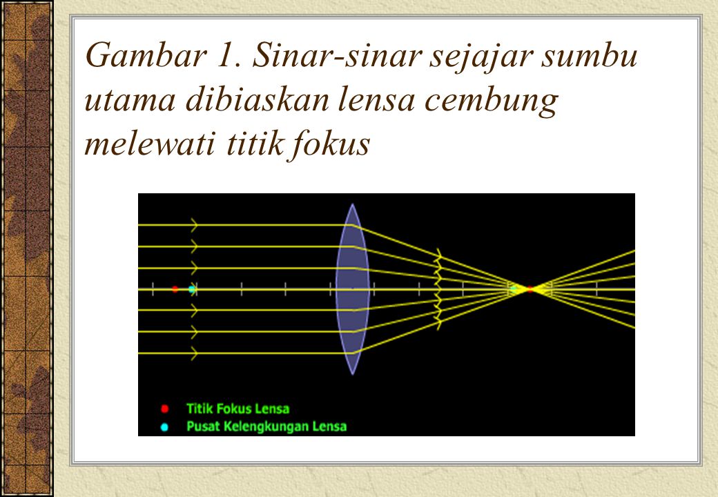 Gambar 1. Sinar-sinar sejajar sumbu utama dibiaskan lensa cembung melewati titik fokus