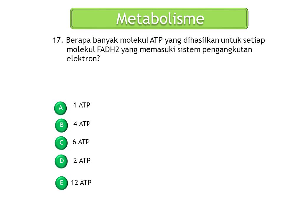 Metabolisme 17. Berapa banyak molekul ATP yang dihasilkan untuk setiap molekul FADH2 yang memasuki sistem pengangkutan elektron
